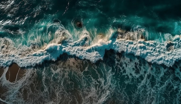 Des vagues déferlantes s'écrasent contre le coucher de soleil d'une falaise rocheuse généré par l'IA