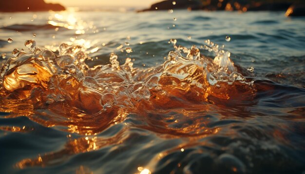 Photo gratuite les vagues du coucher de soleil éclaboussant sur la côte tranquille reflétant la beauté dorée générée par l'intelligence artificielle