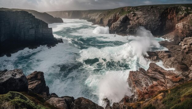 Photo gratuite des vagues majestueuses se brisant sur une falaise pulvérisent des éclaboussures humides générées par l'ia