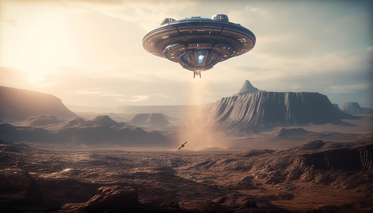 Photo gratuit un vaisseau spatial futuriste explore avec audace le paysage de la chaîne de montagnes généré par l'ia