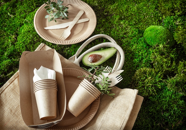 Photo gratuit vaisselle recyclable écologique, élégante, jetable, pratique et belle.