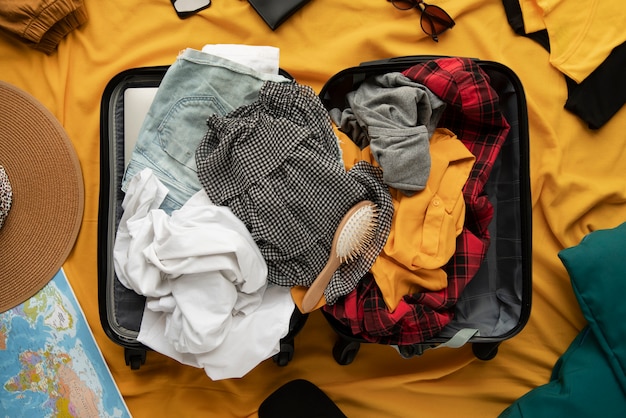 Photo gratuite valise de voyage et emballage des préparatifs