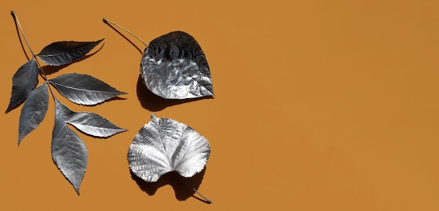 Variété de feuilles peintes en argent et espace de copie