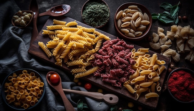 Photo gratuite variété de pâtes italiennes saines sur table en bois générées par l'ia