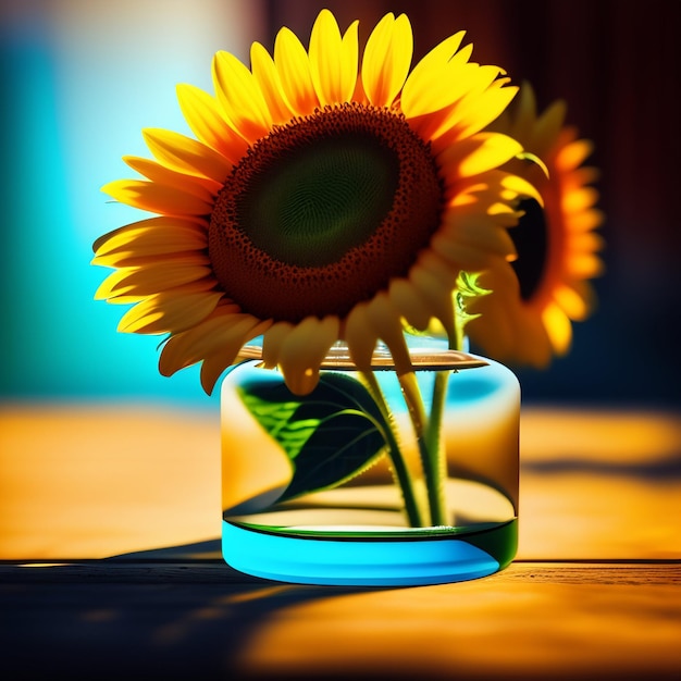 Photo gratuite un vase avec deux tournesols et le fond est bleu.