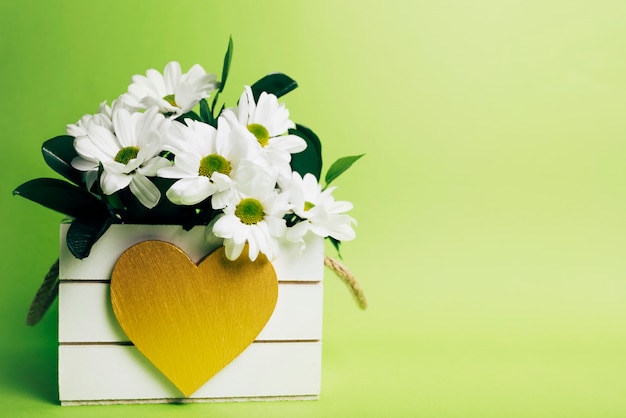 Vase à fleurs blanches en forme de coeur sur fond vert