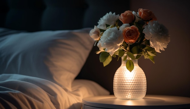 Photo gratuite un vase de fleurs est posé sur une table de chevet avec une lampe dessus.