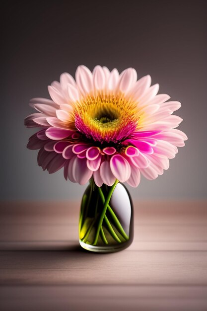 Un vase de fleurs roses est posé sur une table à fond gris.