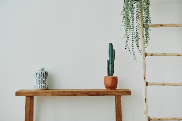 Photo gratuite vase japonais et cactus sur un banc en bois