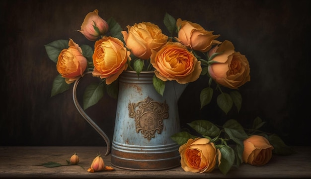 Un vase rustique contient un bouquet de feuilles fraîches AI générative
