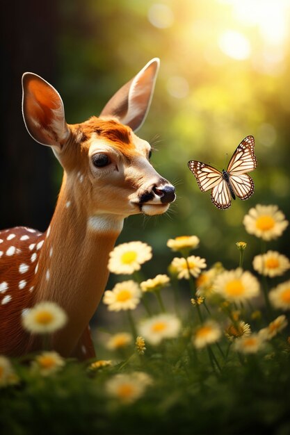 Veau de wapiti dans la nature avec papillon