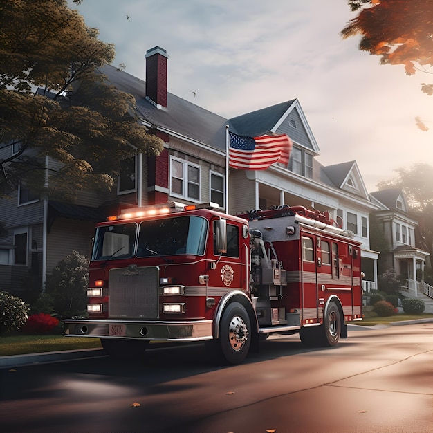 Photo gratuite véhicule de pompiers devant un bâtiment résidentiel rendu 3d