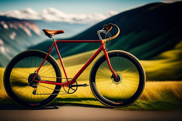 Un vélo rouge est garé devant un paysage de montagne.