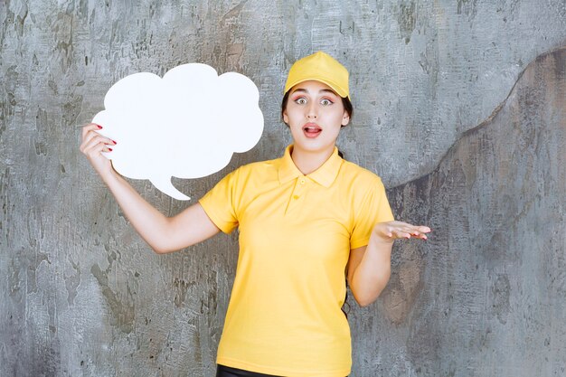 Une vendeuse en uniforme jaune tenant un tableau d'informations en forme de nuage et a l'air confuse et terrifiée