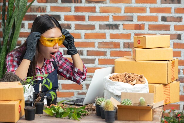 Vente de plantes en ligne; femmes excitées en utilisant un ordinateur portable