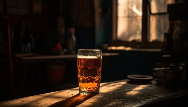 Verre à bière mousseux sur un comptoir de bar rustique généré par l'IA