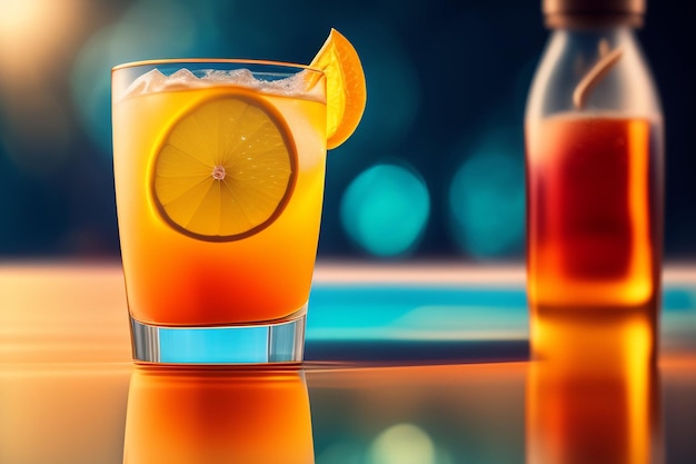 Un verre de cocktail orange avec une bouteille de jus d'orange sur la table.