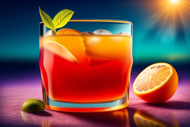 Un verre de cocktail orange avec une feuille verte sur le bord