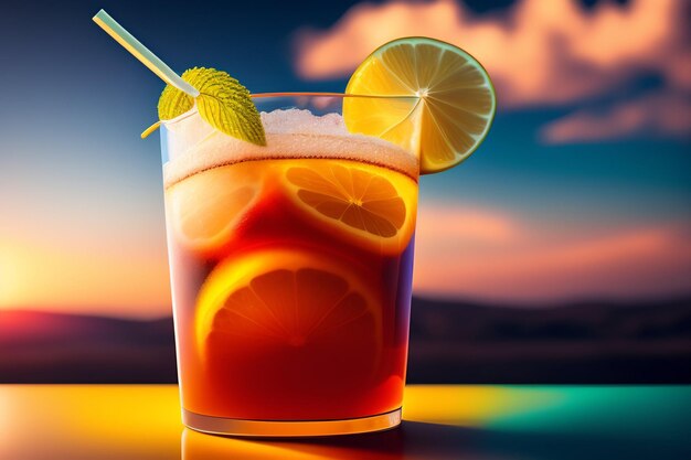 Un verre de cocktail avec une paille et une boisson avec une boisson dedans.