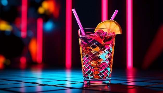 Un verre futuriste aux couleurs vives avec un cocktail de soda