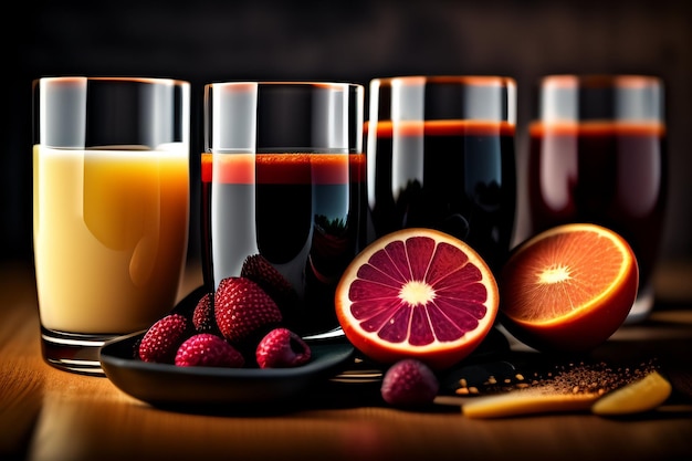 Photo gratuite un verre de jus d'orange avec une assiette de framboises dessus