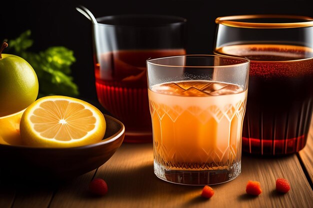 Photo gratuite un verre de jus d'orange et un bol de citrons sur une table.