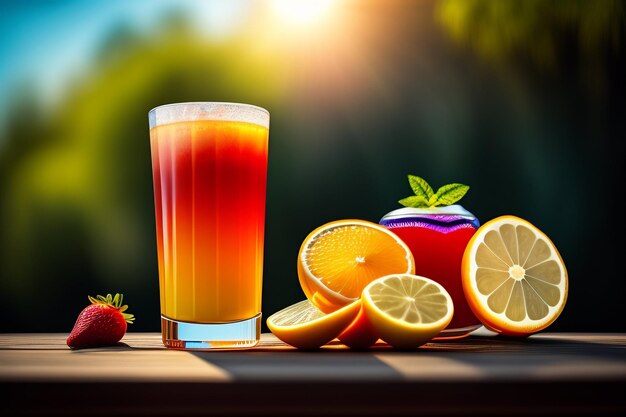 Un verre de jus d'orange avec des citrons et des fraises sur une table