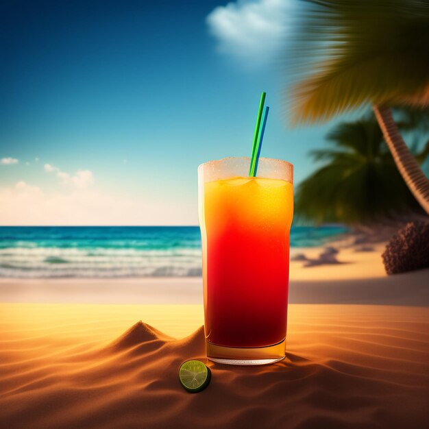 Un verre de jus d'orange avec une paille verte se trouve sur une plage.