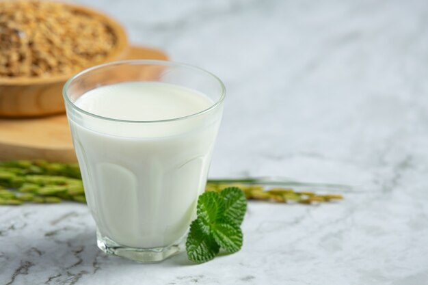 Verre de lait de riz avec plant de riz et graines de riz mis sur un sol en marbre blanc