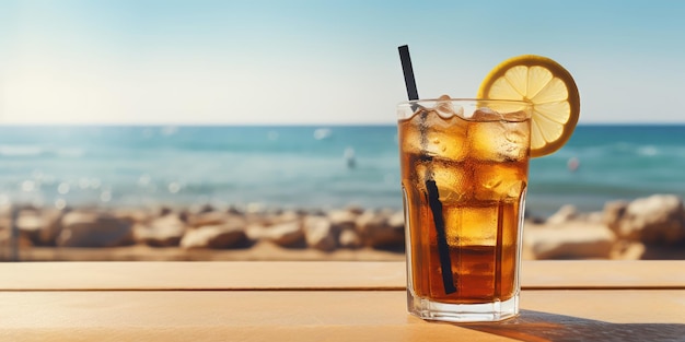 Photo gratuite un verre de thé glacé avec une tranche de citron se trouve au bord de la mer invitant à une gorgée