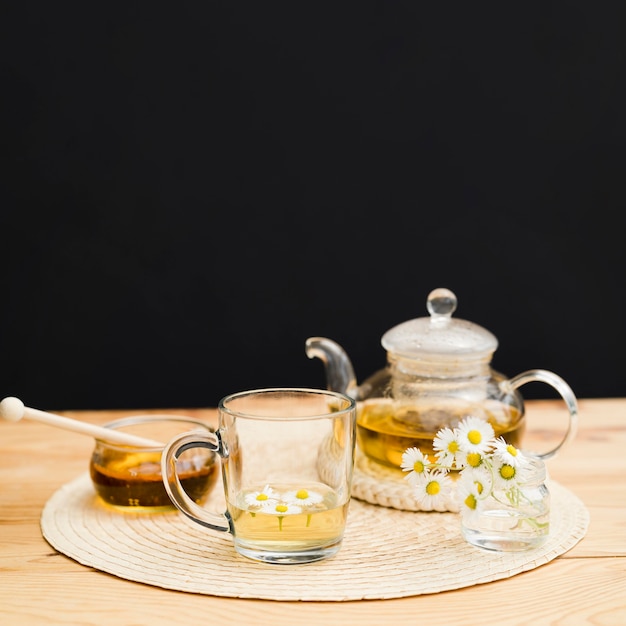 Verre avec théière et pot de miel