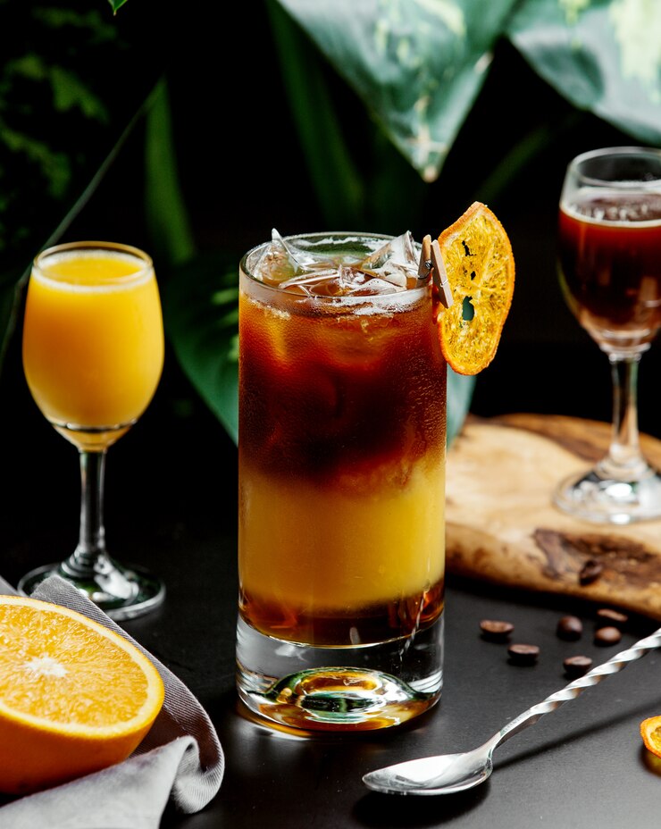 Photo gratuit un verre d'un verre d'orange cocktail garni de tranche d'orange séchée