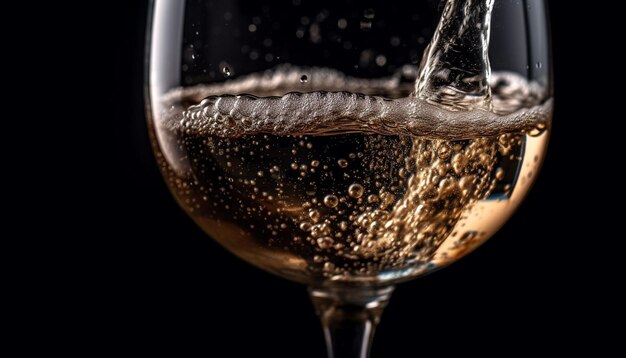 Un verre de vin de luxe versant un liquide doré reflétant l'élégance et la célébration générées par l'intelligence artificielle