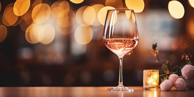 Photo gratuite un verre de vin rose sur une table avec un fond de restaurant flou