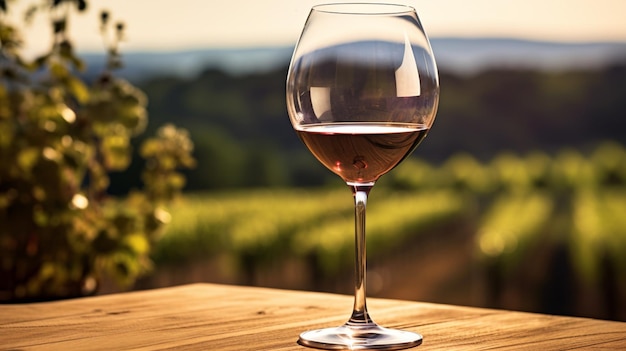 Photo gratuite un verre de vin sur une vieille table avec un fond de vignoble