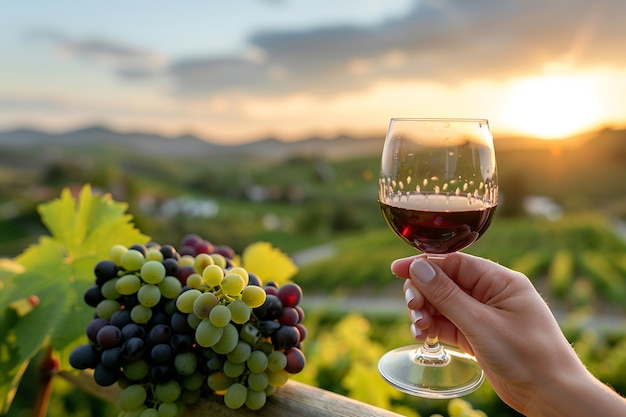 Photo gratuite un verre de vin avec une vue imprenable sur le vignoble au coucher du soleil