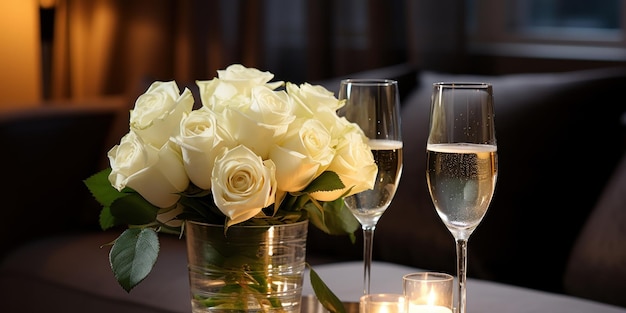 Photo gratuite des verres brillants à côté des fleurs sur une table réfléchissante