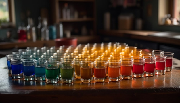 Photo gratuite des verres de cocktail multicolores sur un comptoir de bar une célébration vibrante générée par l'intelligence artificielle