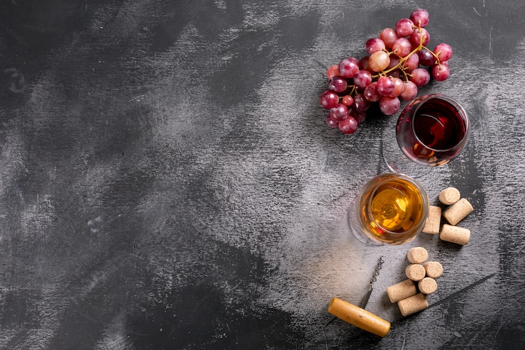 Photo gratuit verres à vin vue de dessus avec des espaces de raisin et de copie à gauche sur la pierre noire horizontale