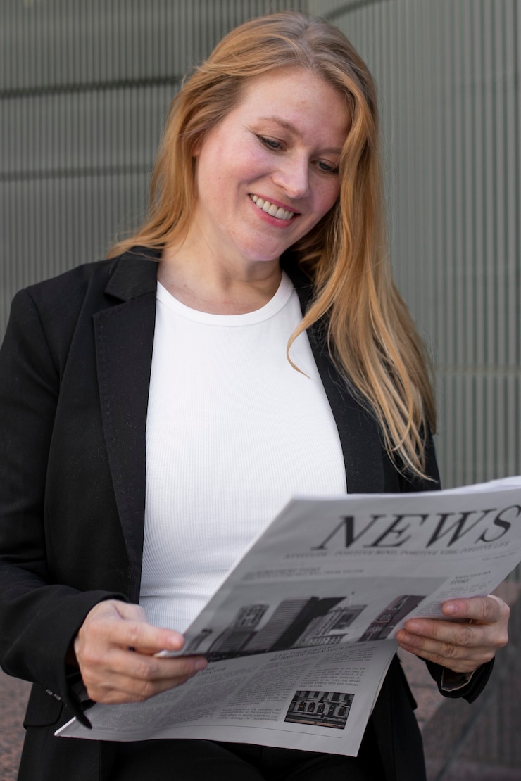 Photo gratuit vêtements de t-shirt blanc grande taille femme d'affaires lisant le journal