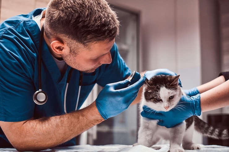 Photo gratuit vétérinaire mâle examinant l'infection de l'oreille du chat avec un otoscope dans une clinique vétérinaire.