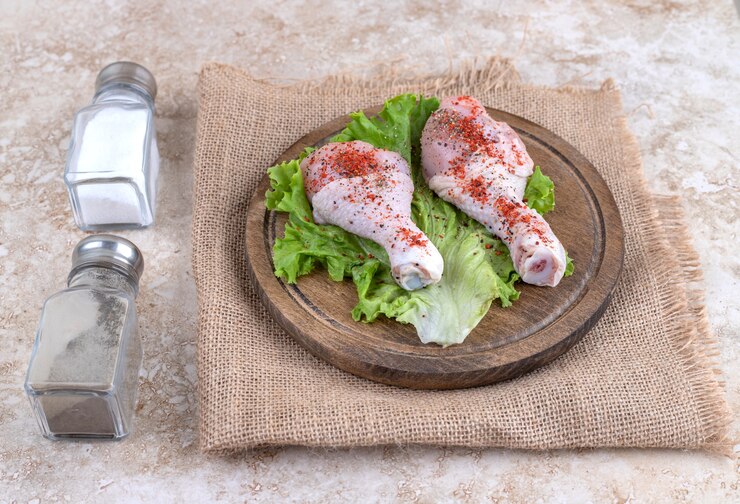 Photo gratuit viande de cuisses de poulet non cuites aux légumes sur une planche de bois
