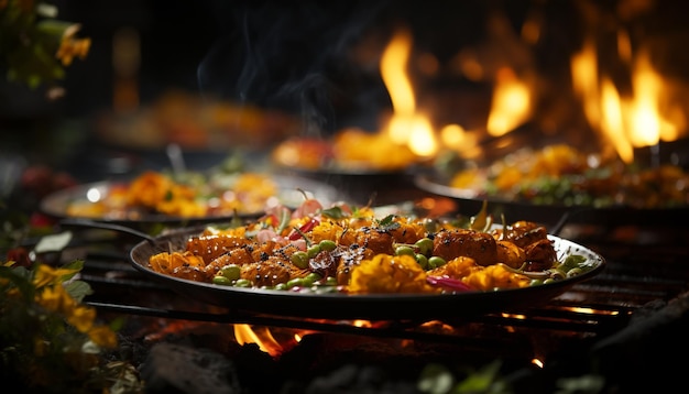 Photo gratuite viande grillée barbecue repas gastronomique combustion du charbon alimentation saine générée par l'intelligence artificielle