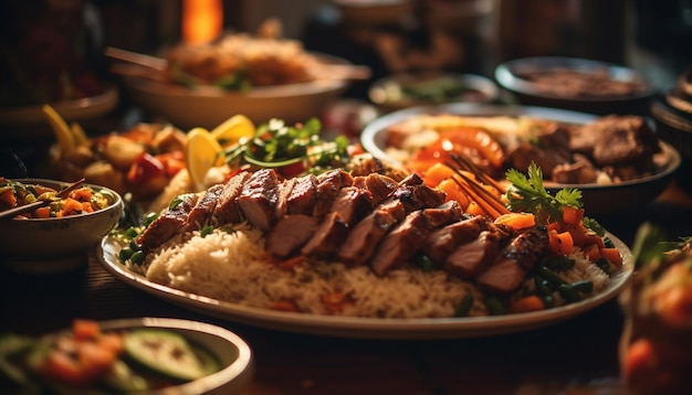 Photo gratuite viande et légumes grillés gastronomiques sur assiette générés par l'ia