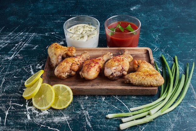 Viande de poulet épicée sur une planche de bois.