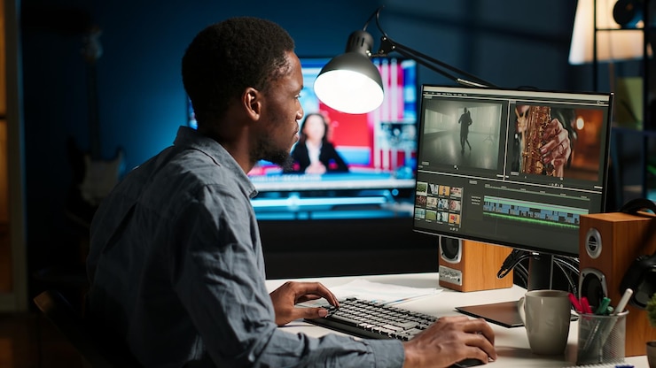 Photo gratuit un vidéographe afro-américain travaille sur le montage de séquences de film à la maison.
