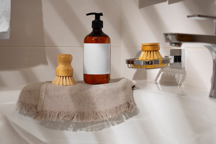 Photo gratuit vie morte des produits de nettoyage des salles de bain