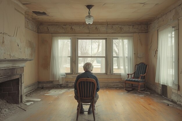 Un vieil homme dans une maison abandonnée.