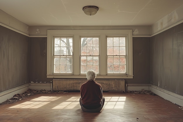 Photo gratuite un vieil homme dans une maison abandonnée.