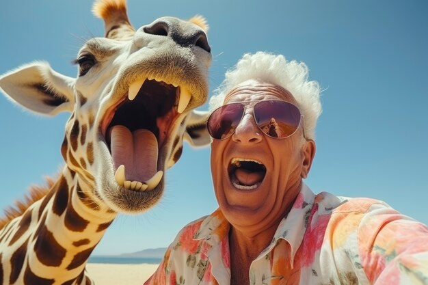 Un vieil homme drôle avec une girafe.